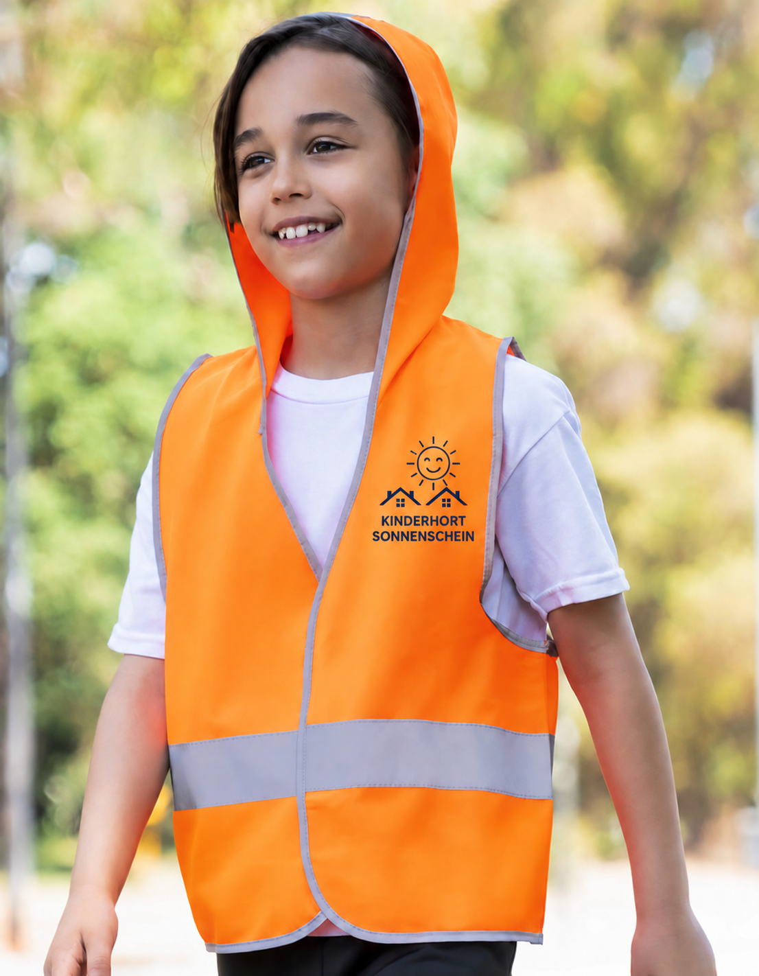 Kind mit einer orangefarbenen Weste mit Reflexstreifen