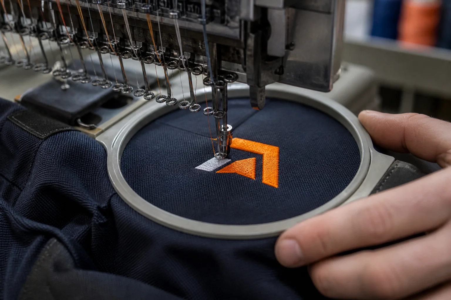 Nahaufnahme einer professionellen Stickmaschine beim Sticken eines orangefarbenen Logos auf dunkelblauer Arbeitskleidung