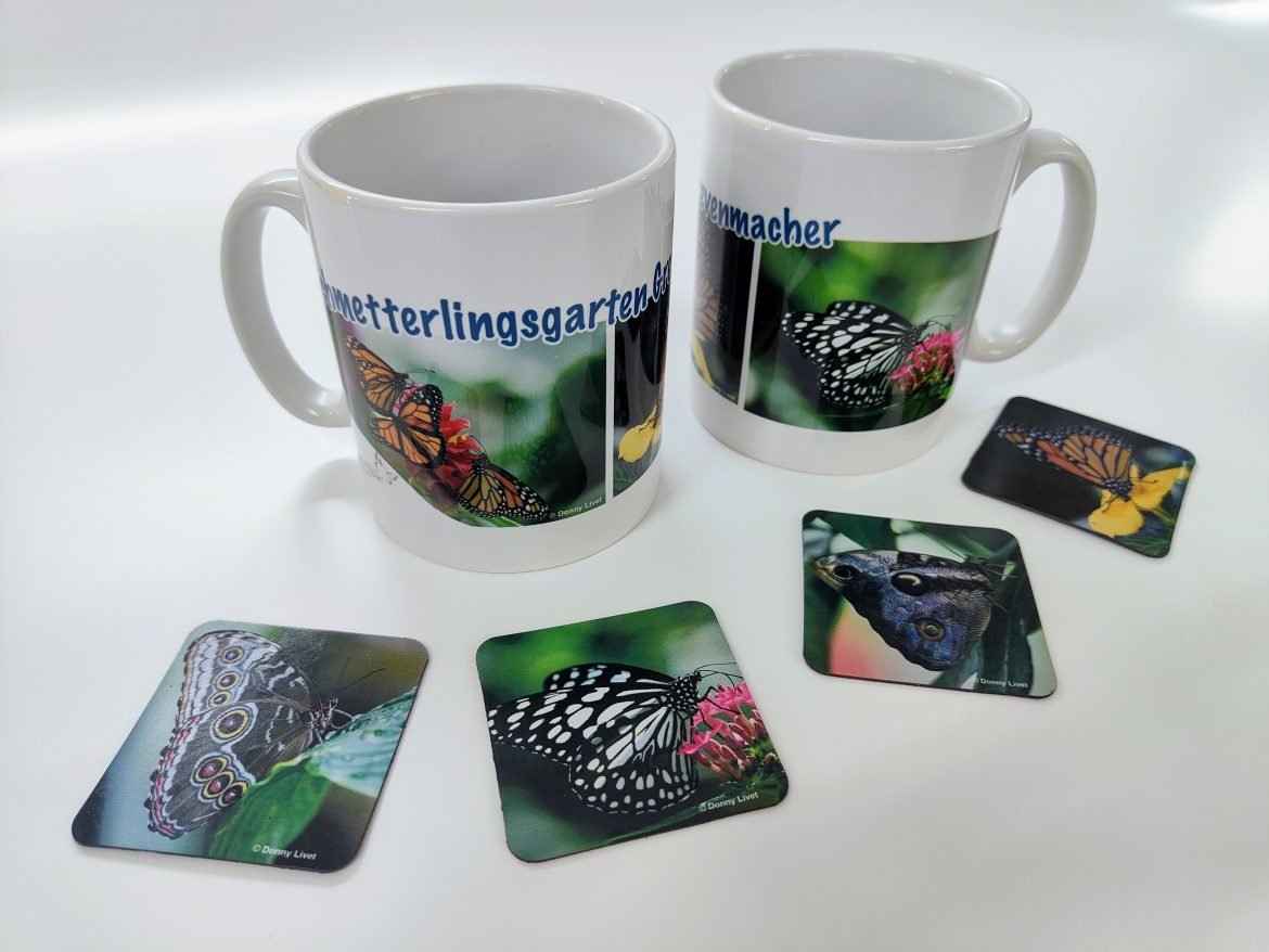 Zwei individuell bedruckte Fototassen mit Schmetterlingsmotiv und passenden Untersetzern